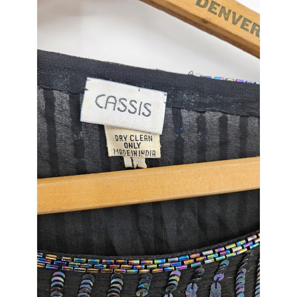 Vtg Cassis Peacock Bird Sequin Top Womens L Black Silk - Picture 3 of 6